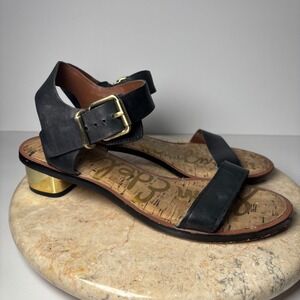 Sam Edelman Trina Sandals 9M Black Leather Gold Metallic Block Heel Ankle Strap